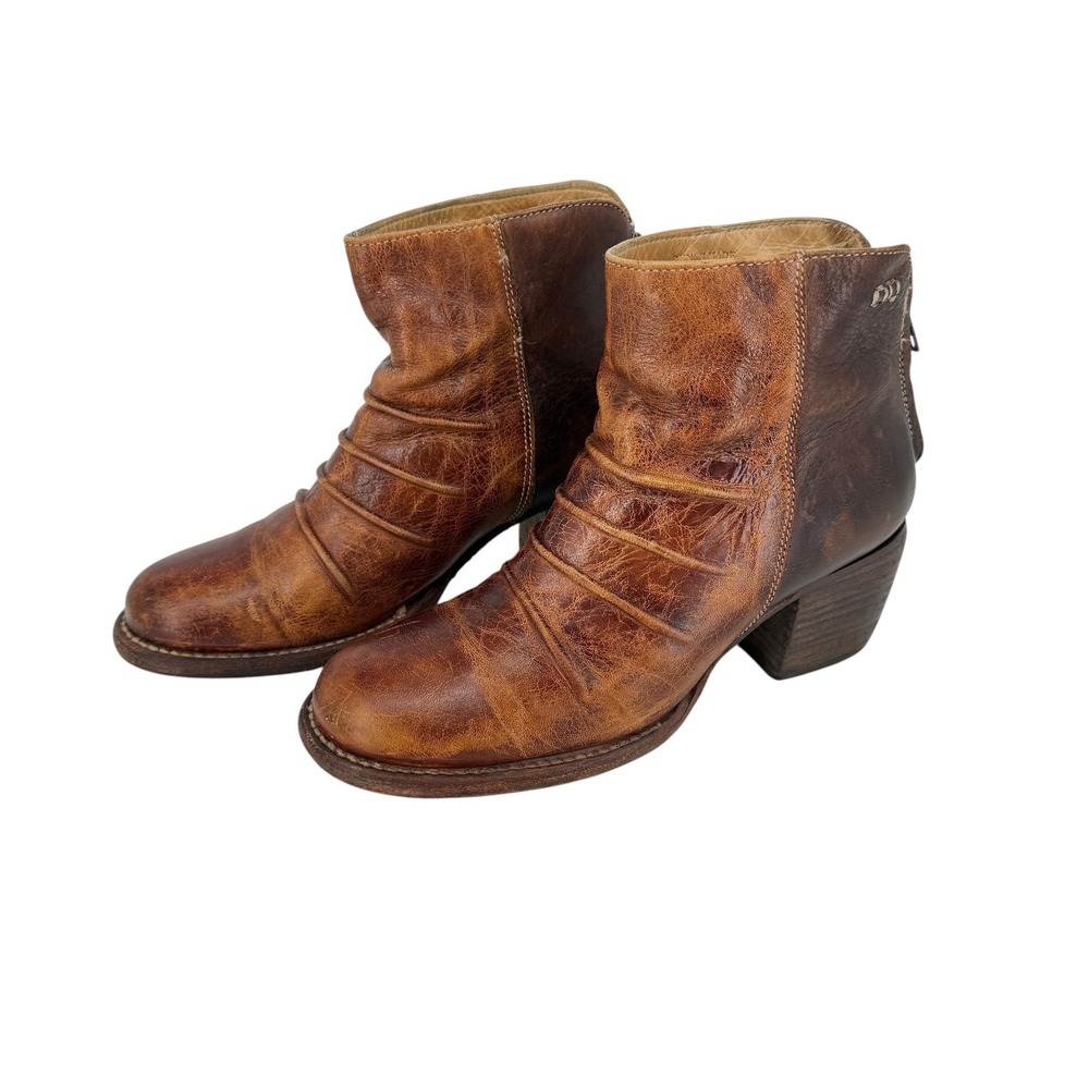 Bed Stu Arcane Brown Leather Ruched Ankle Boots Women 7 Stacked Block Heel